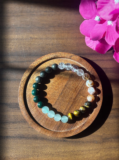 Raw Pyrite, Citrine, Tigers Eye, Green Aventurine,Jade, Crystal Quartz Bracelet with free Selenite Tumble