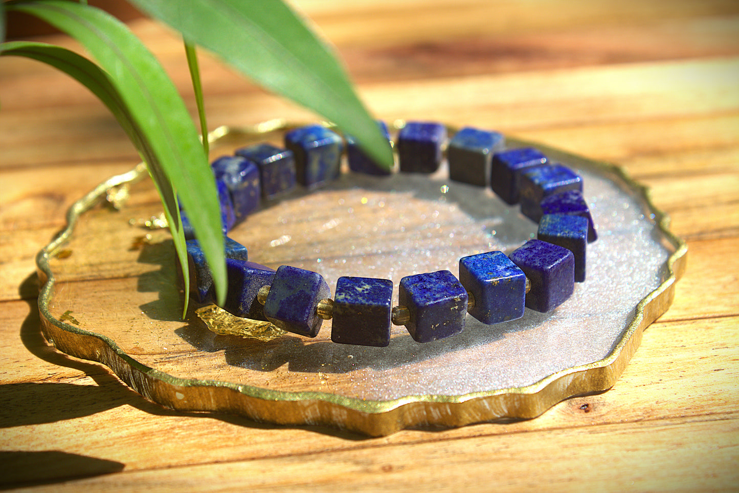 Lapis Lazuli Square Bead Bracelet with Free Selenite Tumble