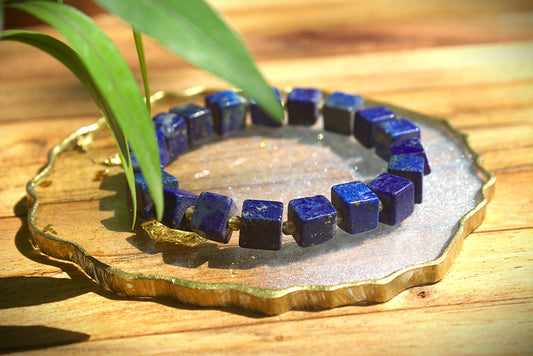 Lapis Lazuli Square Bead Bracelet with Free Selenite Tumble