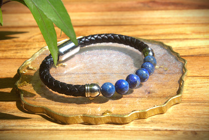 Men's Lapis Lazuli Leather Bracelet with free Selenite Tumble