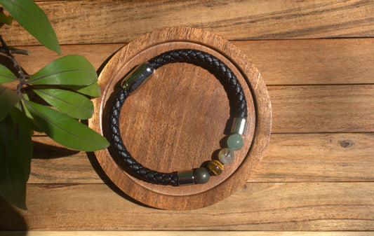 Men's green aventurine, raw pyrite, citrine, tigers eye Leather Bracelet