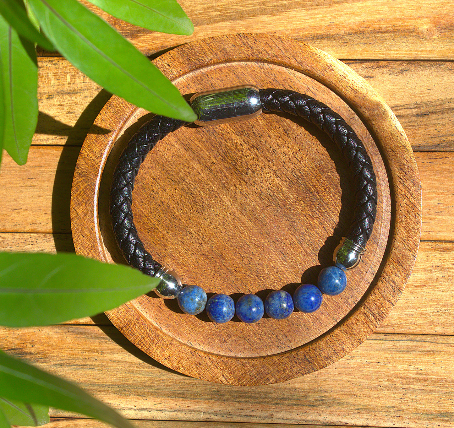 Men's Lapis Lazuli Leather Bracelet with free Selenite Tumble
