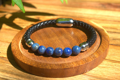 Men's Lapis Lazuli Leather Bracelet with free Selenite Tumble