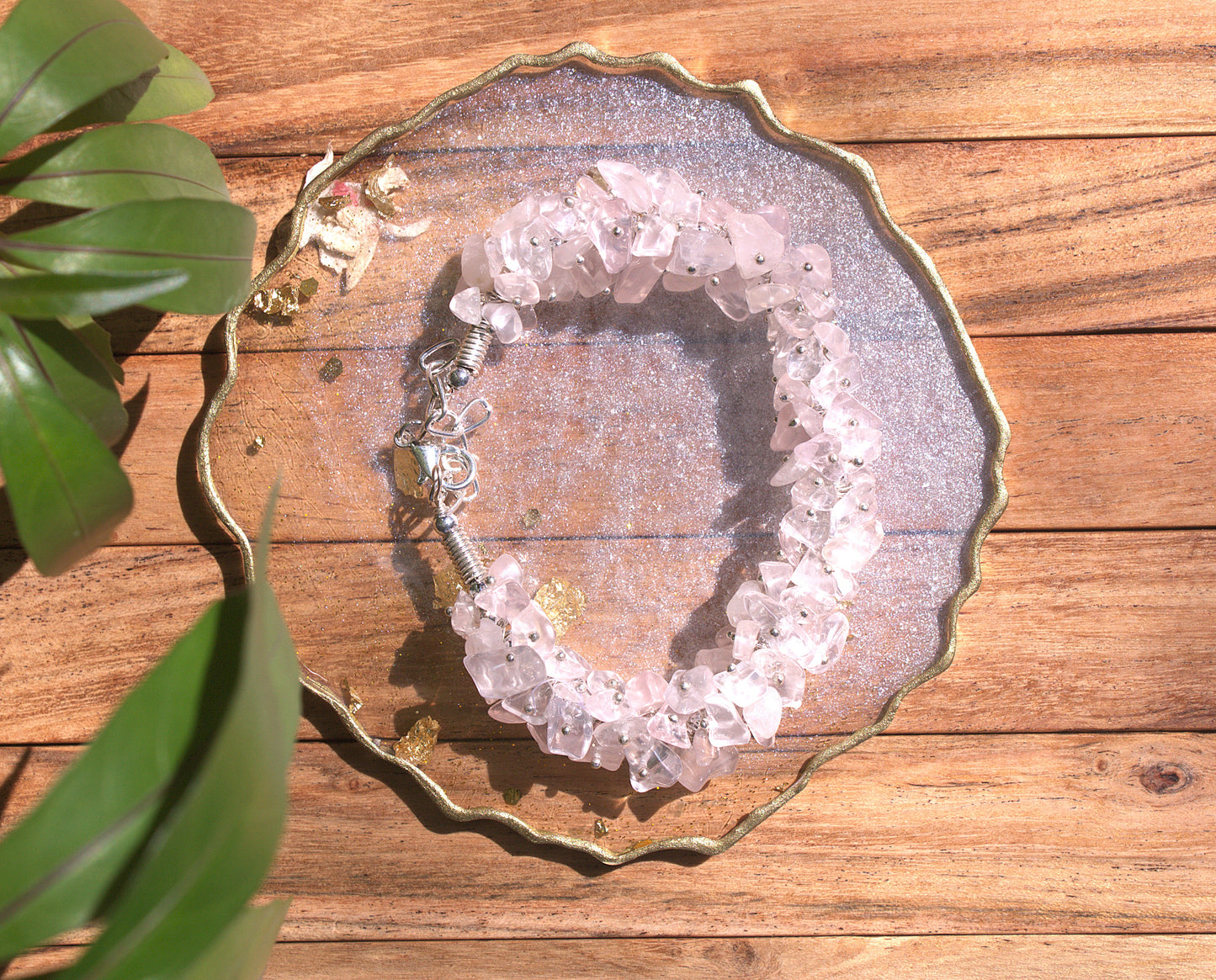 Women's Rose Quartz Chips Bracelet with Free Selenite Tumble