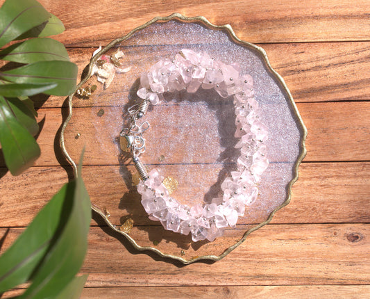 Women's Rose Quartz Chips Bracelet with Free Selenite Tumble