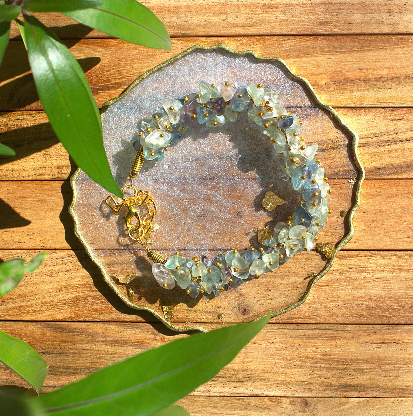 Woman's Multi Fluorite Chips Bracelet with Free Selenite Tumble