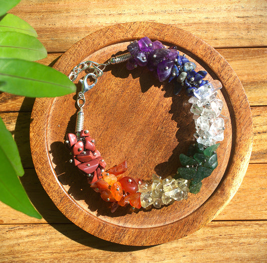Woman's 7 Chakra Chip Bracelet with Free Selenite Tumble