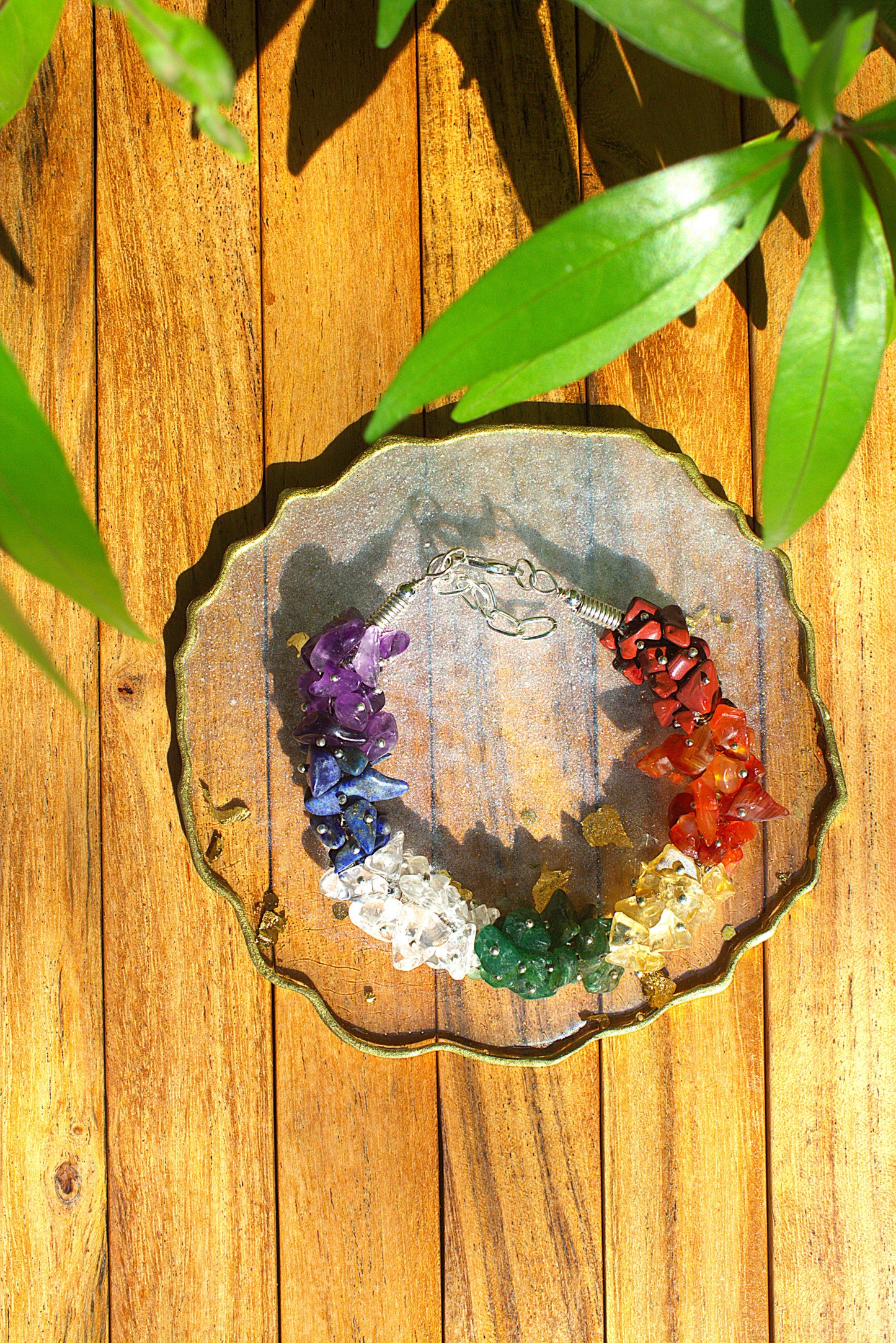 Woman's 7 Chakra Chip Bracelet with Free Selenite Tumble