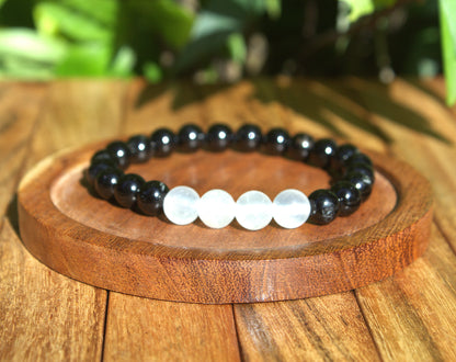 Tourmaline & 4 Selenite  Bracelet with Free Selenite Tumble - Aura Shield Bracelet