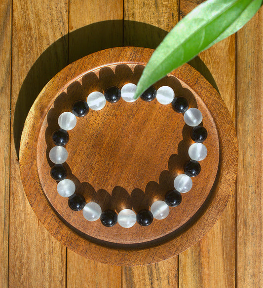 Selenite + Black Tourmaline - Aura protection Bracelet