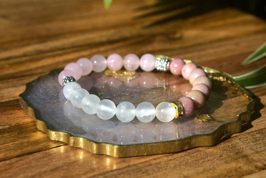 Selenite + Rose Quarts + Strawberry -Heart Healing & Aura Cleansing Bracelet