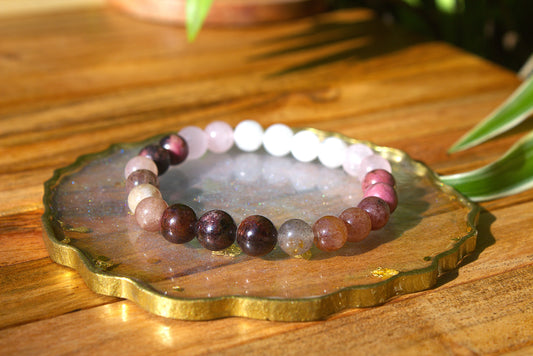 Granet, Strawberry, Rhodonite, Rose, Moonstone Bracelet with Free Selenite Tumble