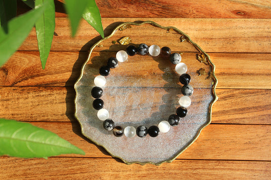 Selenite +Snowflakes +Obsidian - Triple Protection Bracelet with Free Selenite Tumble
