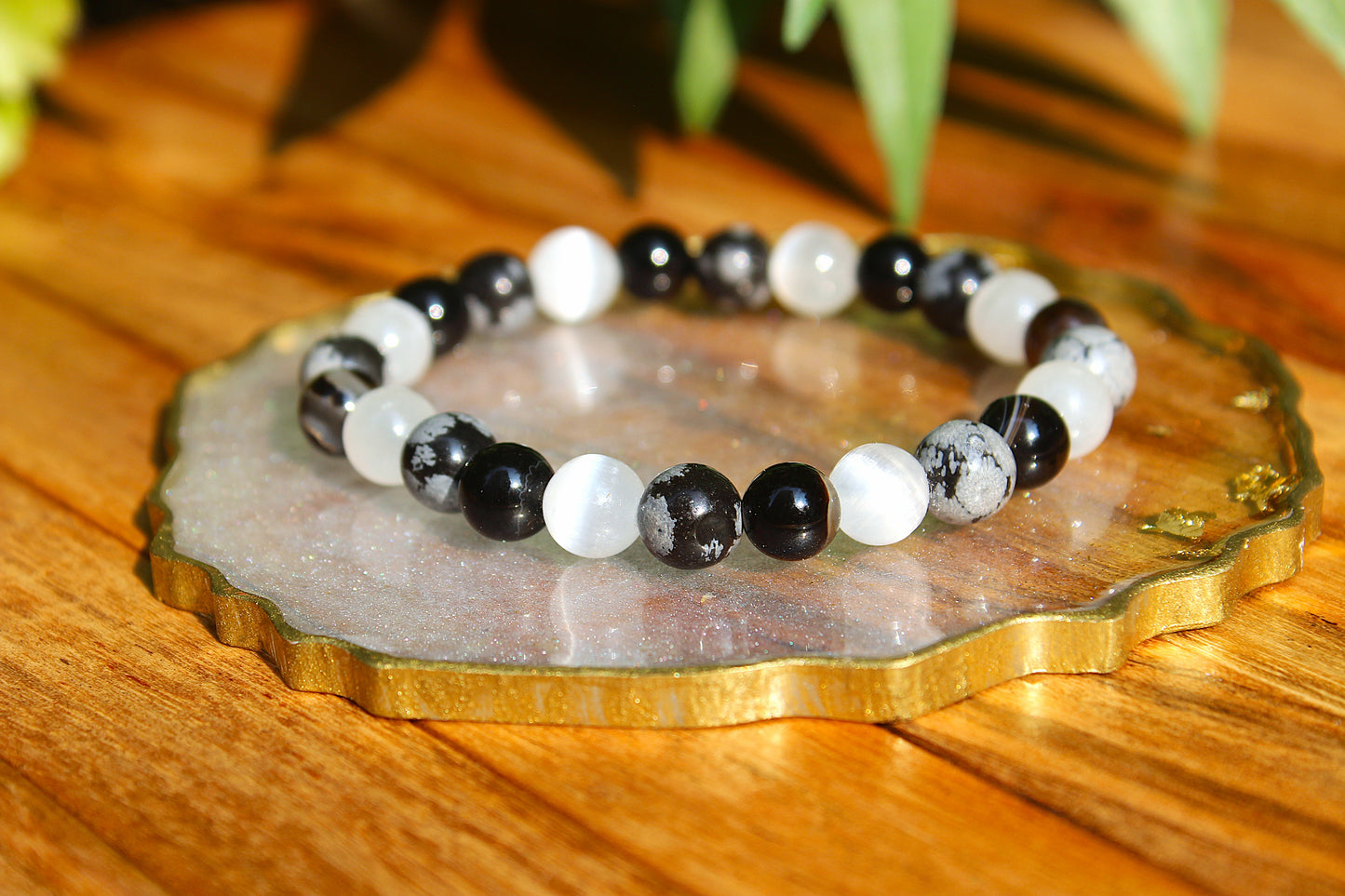 Selenite +Snowflakes +Obsidian - Triple Protection Bracelet with Free Selenite Tumble