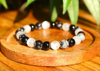 Selenite +Snowflakes +Obsidian - Triple Protection Bracelet with Free Selenite Tumble