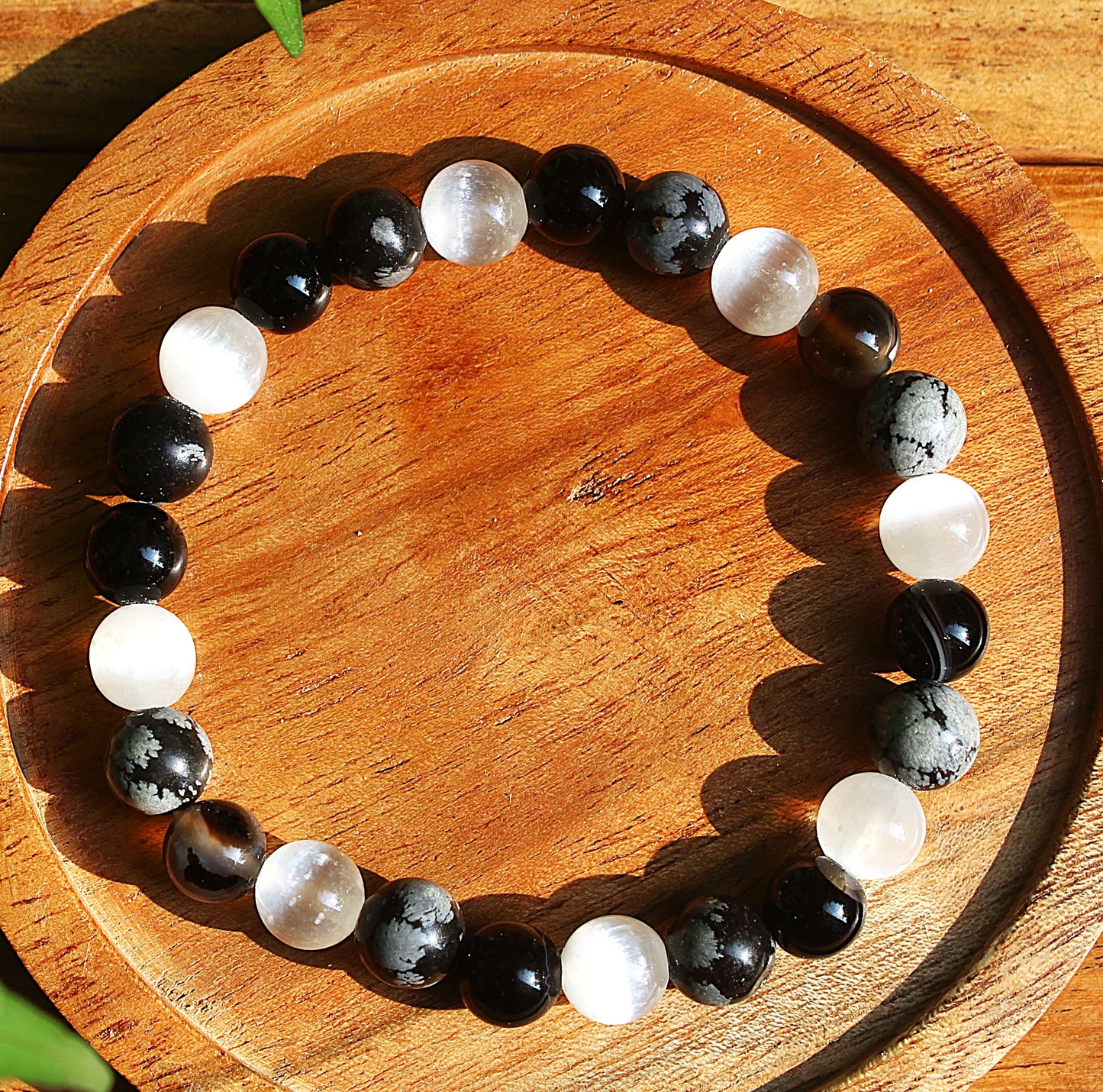 Selenite +Snowflakes +Obsidian - Triple Protection Bracelet with Free Selenite Tumble