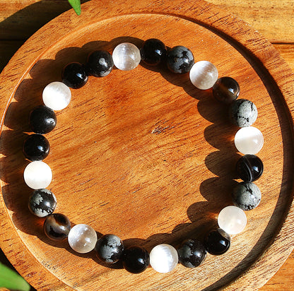 Selenite +Snowflakes +Obsidian - Triple Protection Bracelet with Free Selenite Tumble