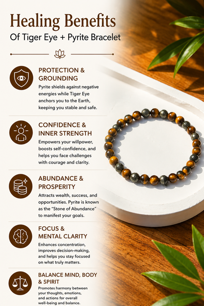 Tiger Eye + Pyrite  - The Empower Bracelet with Free Selenite Tumble
