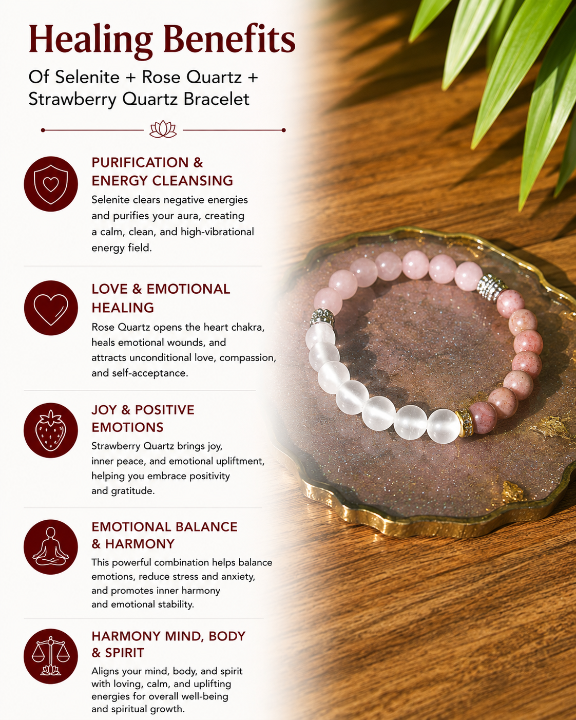 Selenite + Rose Quarts + Strawberry -Heart Healing & Aura Cleansing Bracelet