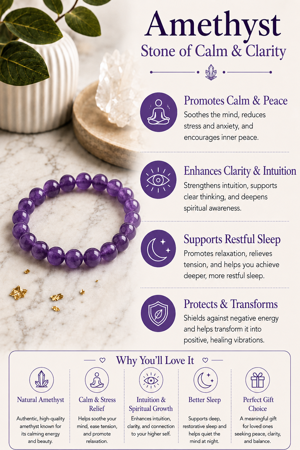 Amethyst Bracelet with free Selenite Tumble