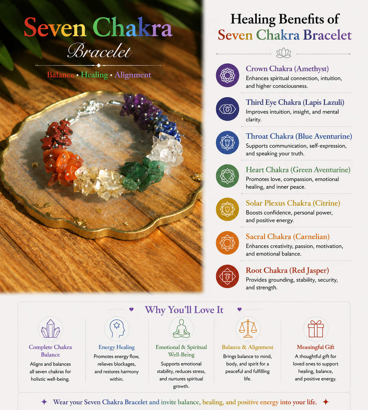 Woman's 7 Chakra Chip Bracelet with Free Selenite Tumble