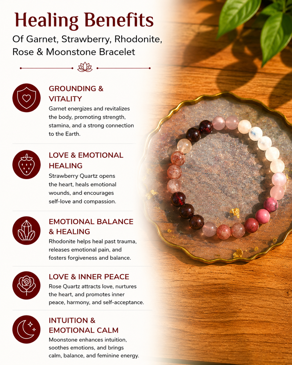 Granet, Strawberry, Rhodonite, Rose, Moonstone Bracelet with Free Selenite Tumble