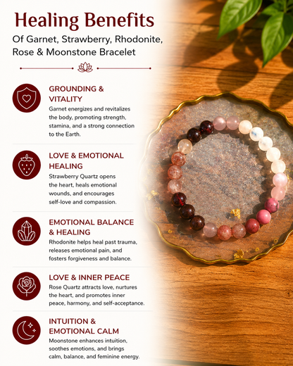 Granet, Strawberry, Rhodonite, Rose, Moonstone Bracelet with Free Selenite Tumble