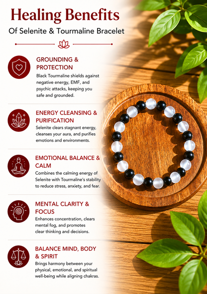 Selenite + Black Tourmaline - Aura protection Bracelet