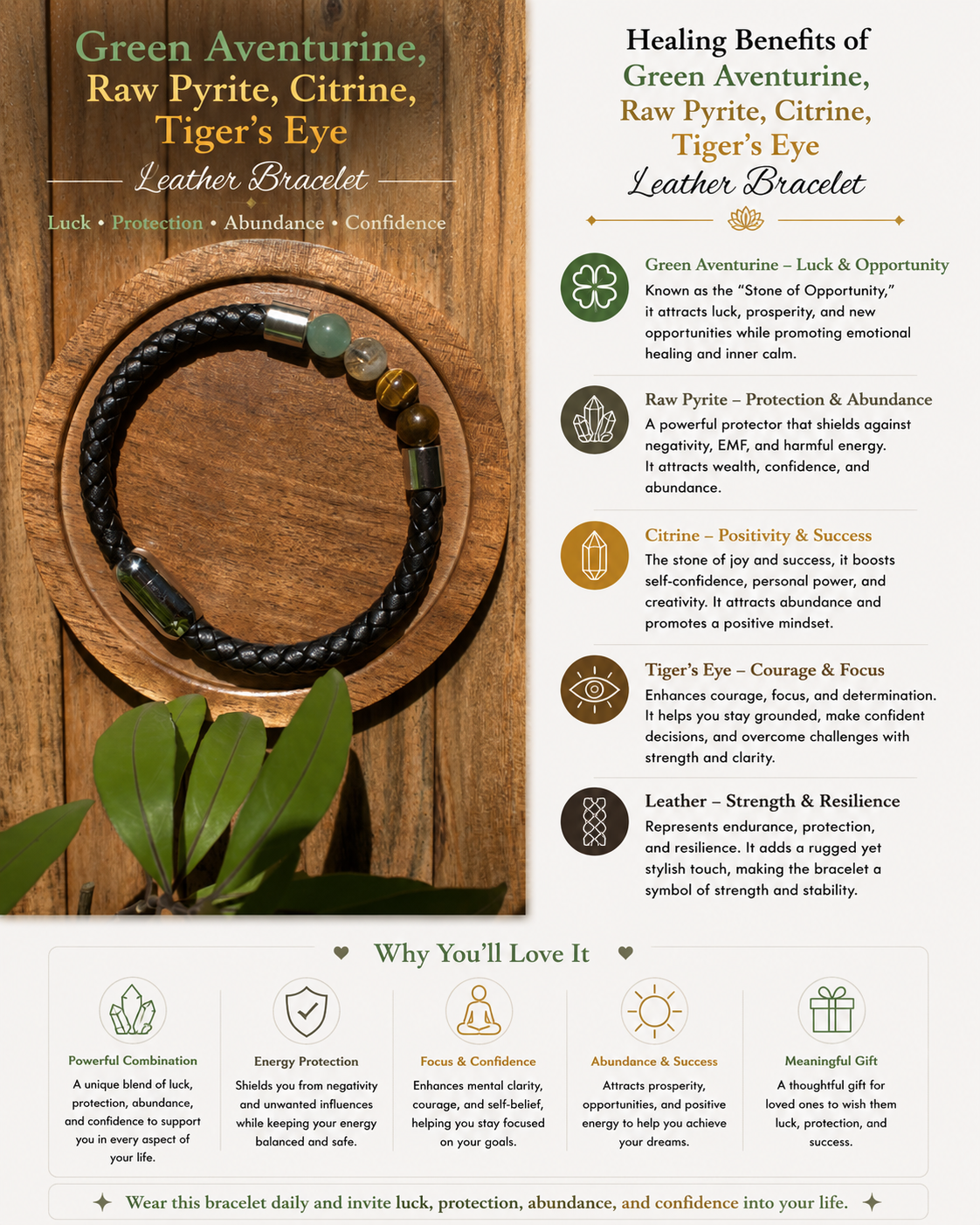 Men's green aventurine, raw pyrite, citrine, tigers eye Leather Bracelet