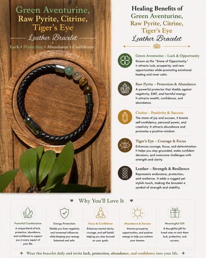 Men's green aventurine, raw pyrite, citrine, tigers eye Leather Bracelet