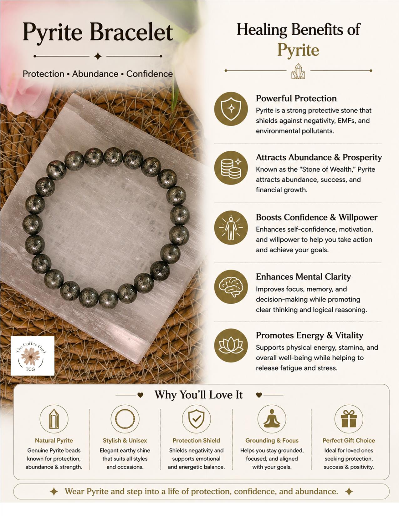 Raw Pyrite Bracelet with free Selenite Tumble