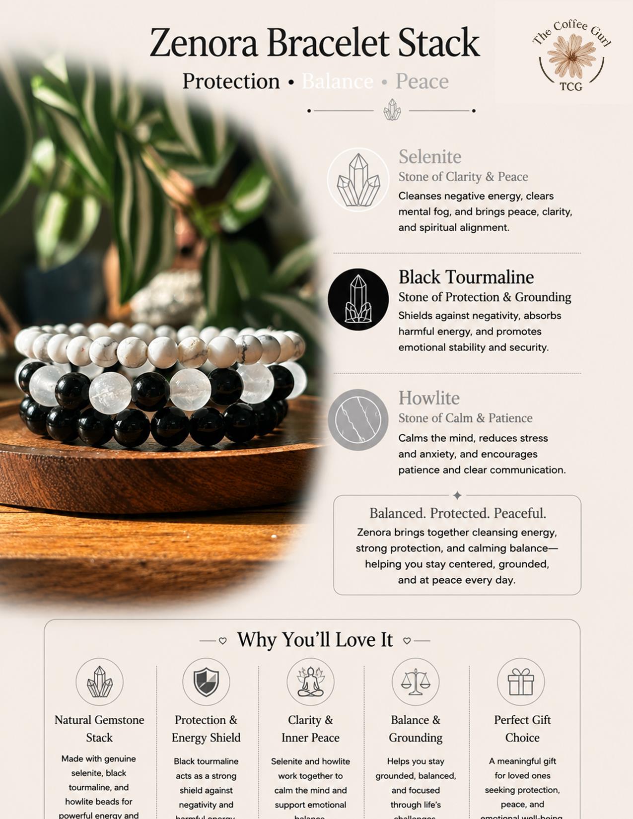 Zenora Bracelet Stack with Free Selenite Tumble